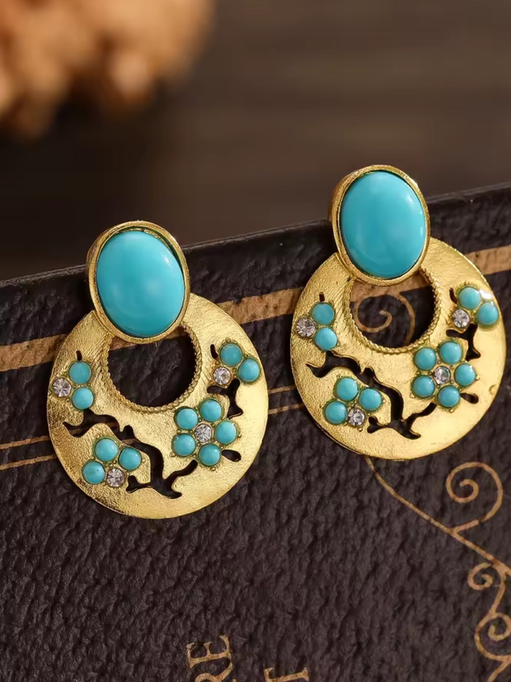Anthropologie Gold and Turquoise Floral Round Drop Earrings